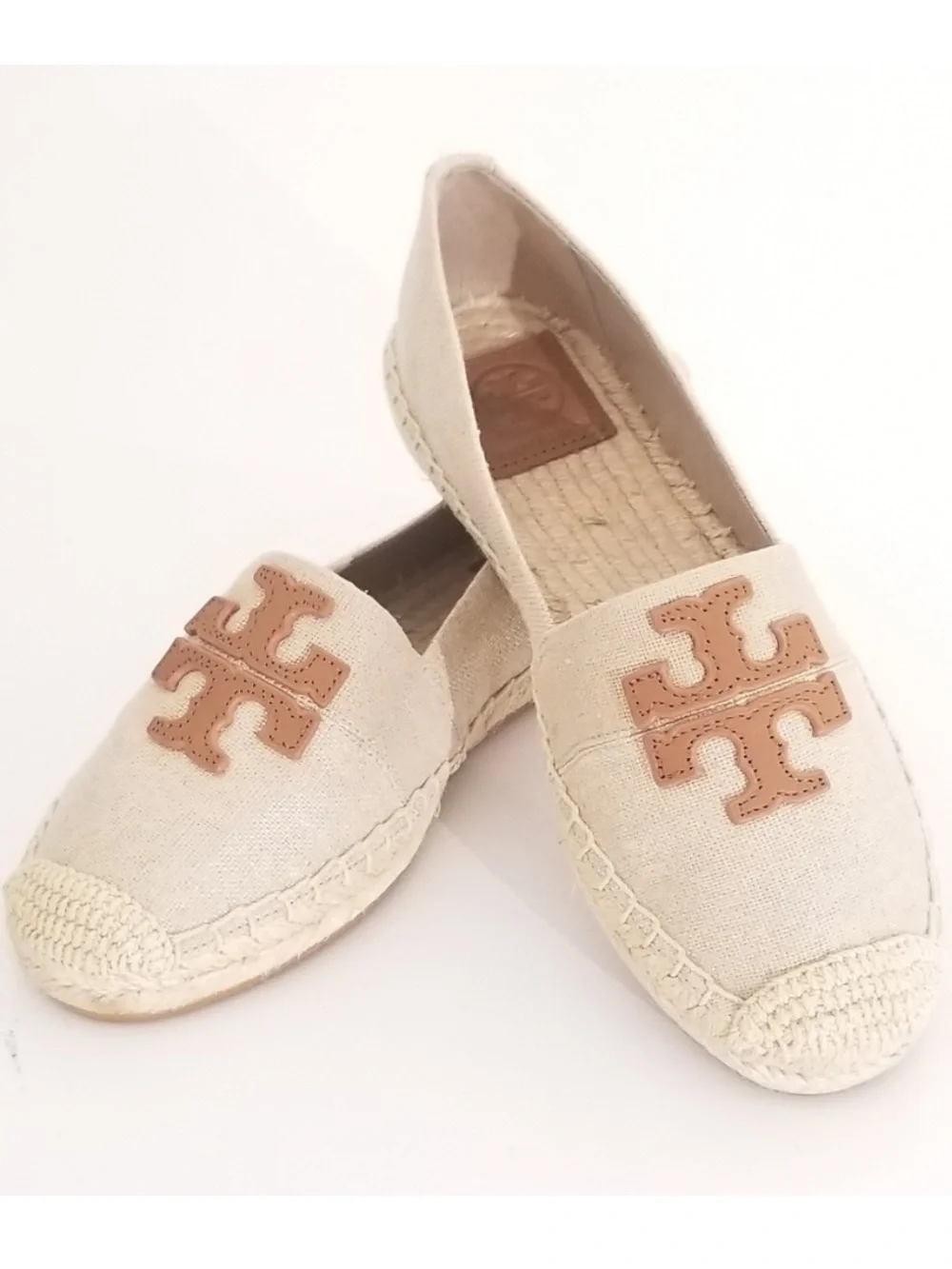 Tory Burch Beige Canvas Weston Espadrille Flats with Tan Logo